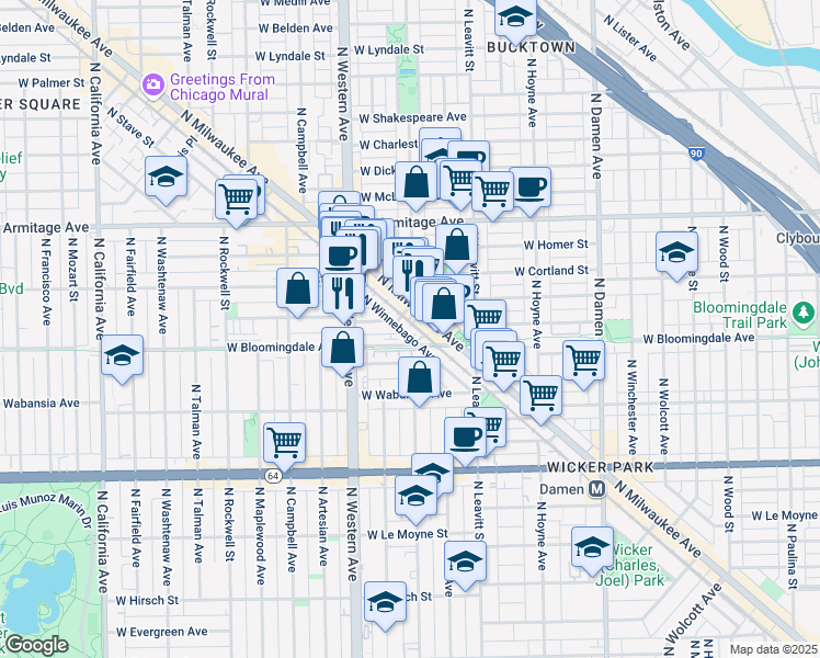 map of restaurants, bars, coffee shops, grocery stores, and more near 2327 West Moffat Street in Chicago