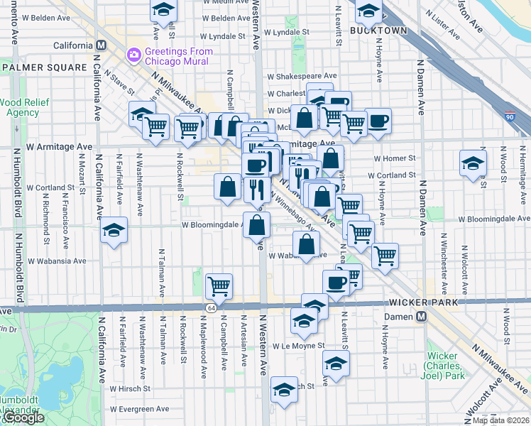 map of restaurants, bars, coffee shops, grocery stores, and more near 2357 West Moffat Street in Chicago