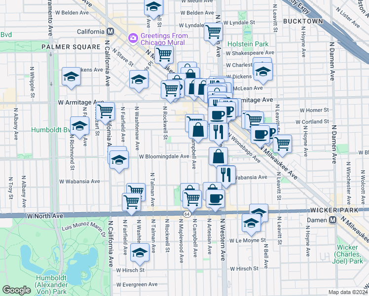 map of restaurants, bars, coffee shops, grocery stores, and more near in Chicago