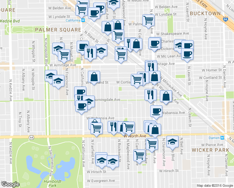 map of restaurants, bars, coffee shops, grocery stores, and more near 1819 North Talman Avenue in Chicago