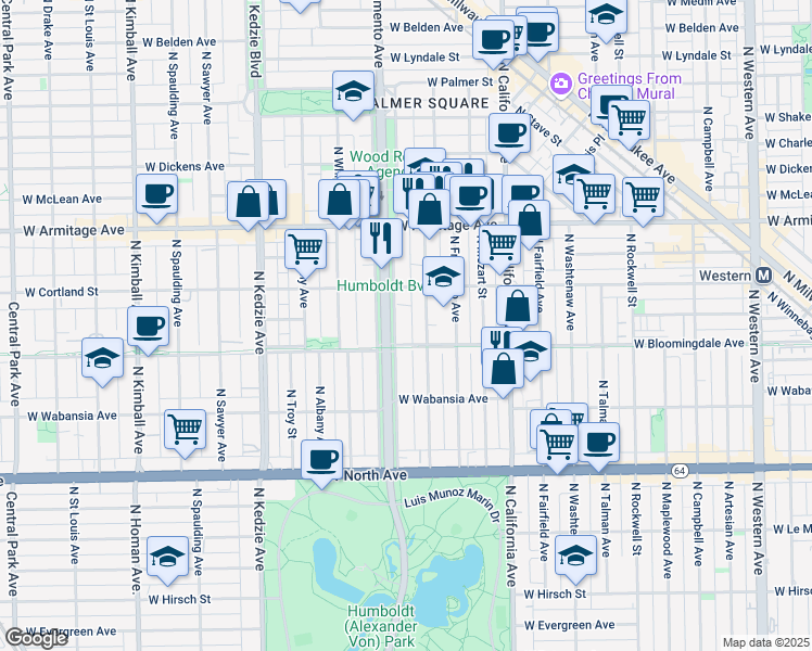 map of restaurants, bars, coffee shops, grocery stores, and more near 1816 North Richmond Street in Chicago