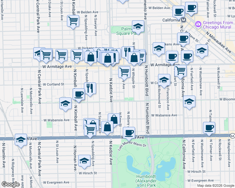 map of restaurants, bars, coffee shops, grocery stores, and more near 1821 North Kedzie Avenue in Chicago