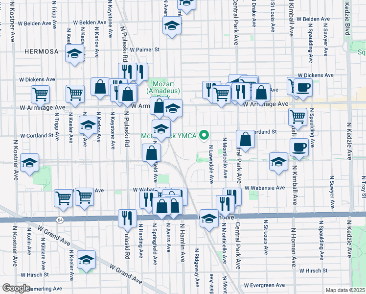 map of restaurants, bars, coffee shops, grocery stores, and more near 1801-1899 N Hamlin Ave in Chicago