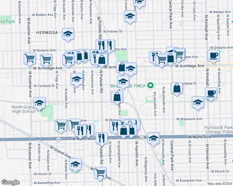 map of restaurants, bars, coffee shops, grocery stores, and more near 1828 North Springfield Avenue in Chicago