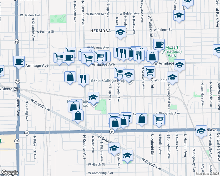 map of restaurants, bars, coffee shops, grocery stores, and more near 1833 North Tripp Avenue in Chicago