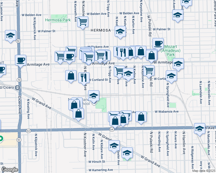 map of restaurants, bars, coffee shops, grocery stores, and more near 1831 North Kildare Avenue in Chicago