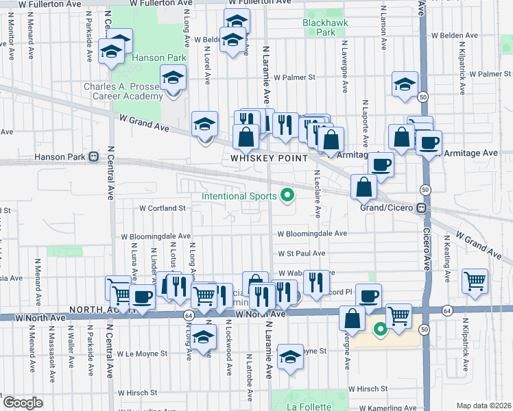 map of restaurants, bars, coffee shops, grocery stores, and more near 1856 North Laramie Avenue in Chicago