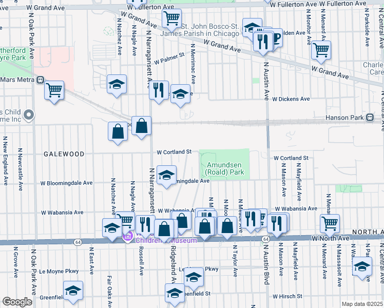 map of restaurants, bars, coffee shops, grocery stores, and more near 1856 North Merrimac Avenue in Chicago