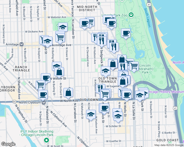 map of restaurants, bars, coffee shops, grocery stores, and more near 447 West Menomonee Street in Chicago