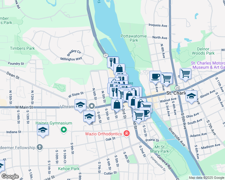 map of restaurants, bars, coffee shops, grocery stores, and more near 114 North 4th Street in St. Charles