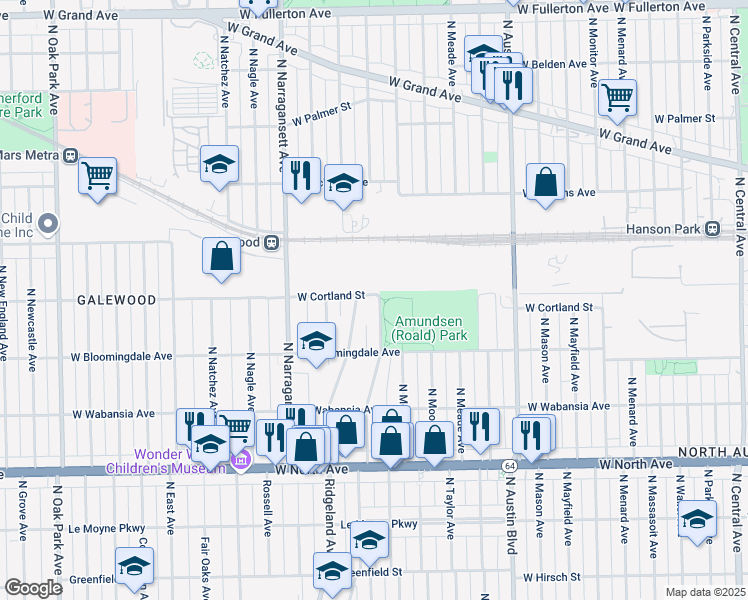 map of restaurants, bars, coffee shops, grocery stores, and more near 1856 North Merrimac Avenue in Chicago
