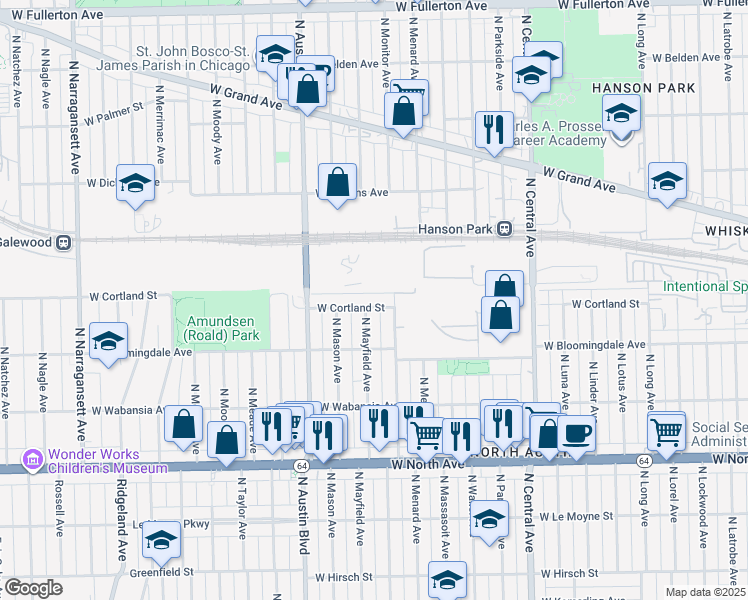 map of restaurants, bars, coffee shops, grocery stores, and more near 5850 West Cortland Street in Chicago