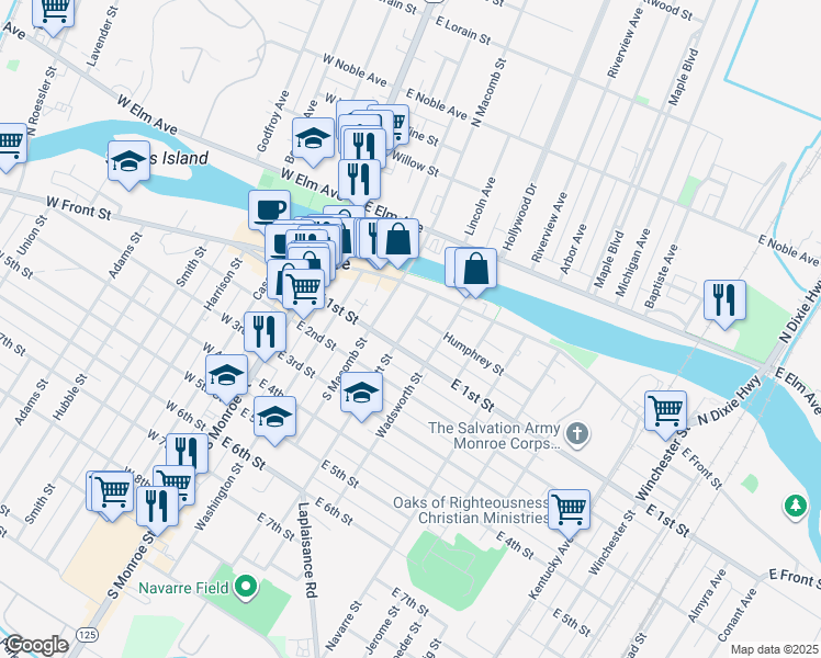 map of restaurants, bars, coffee shops, grocery stores, and more near 49 Scott Street in Monroe