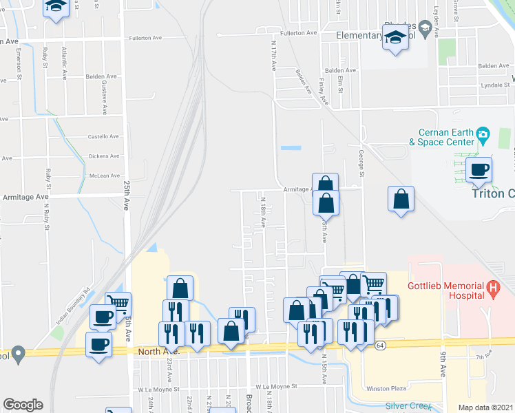 map of restaurants, bars, coffee shops, grocery stores, and more near 2070 N 18th Ave in Melrose Park