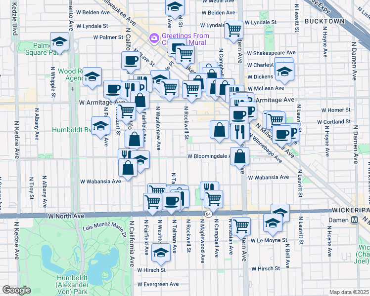 map of restaurants, bars, coffee shops, grocery stores, and more near 1819 North Talman Avenue in Chicago