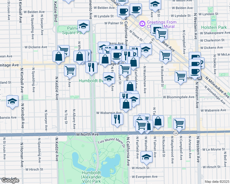 map of restaurants, bars, coffee shops, grocery stores, and more near 1819 North Francisco Avenue in Chicago