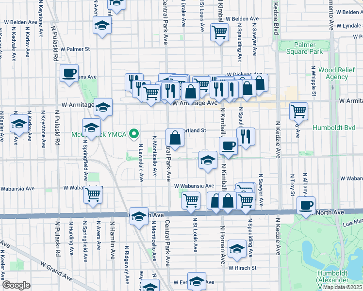 map of restaurants, bars, coffee shops, grocery stores, and more near 1826 North Drake Avenue in Chicago