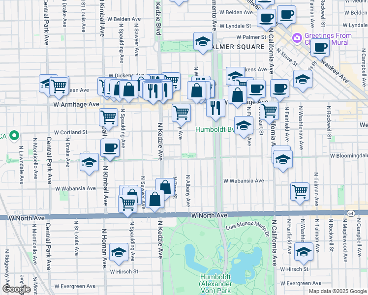map of restaurants, bars, coffee shops, grocery stores, and more near 1827 North Albany Avenue in Chicago