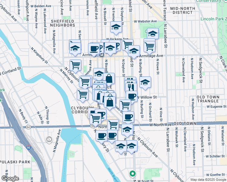 map of restaurants, bars, coffee shops, grocery stores, and more near 1822 North Fremont Street in Chicago
