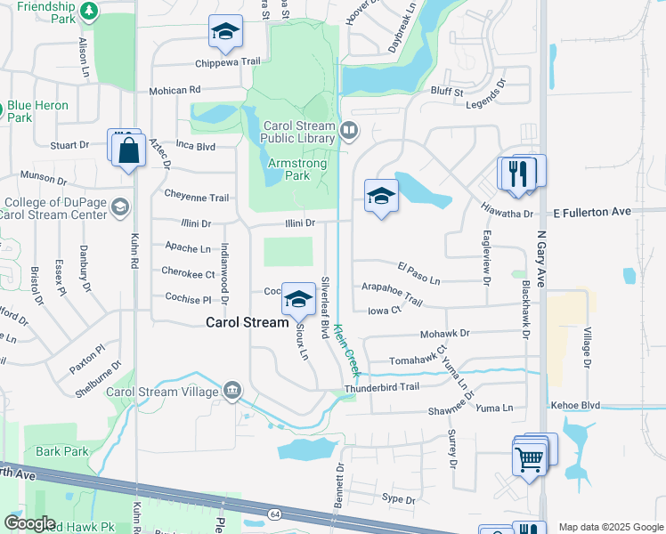 map of restaurants, bars, coffee shops, grocery stores, and more near 491 Silverleaf Boulevard in Carol Stream