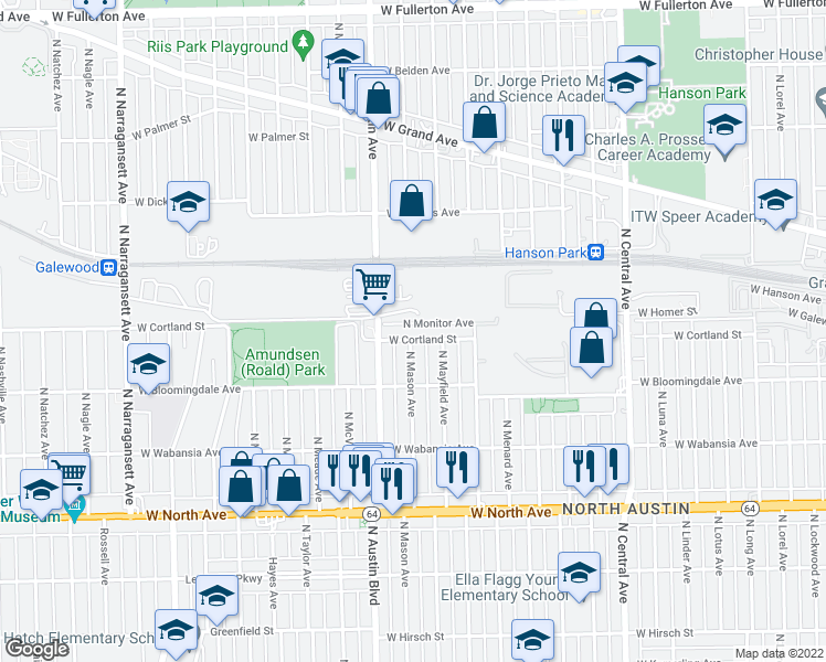 map of restaurants, bars, coffee shops, grocery stores, and more near 5926 West Cortland Street in Chicago