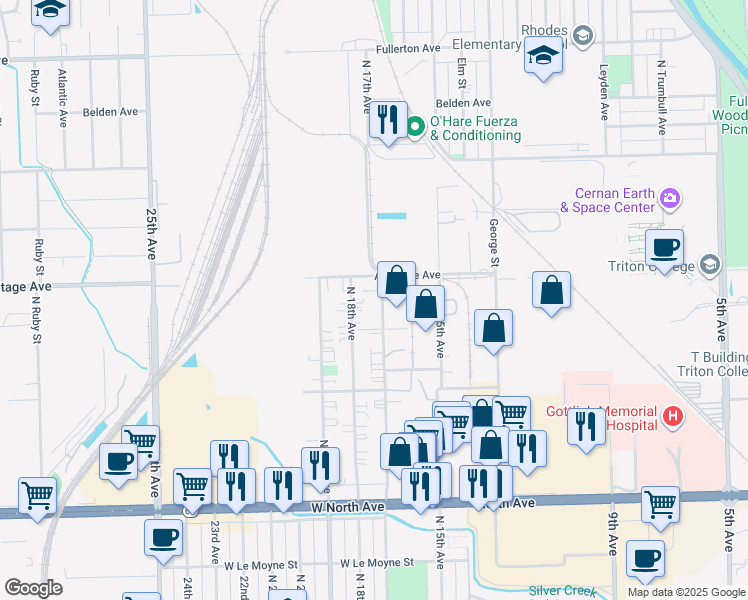 map of restaurants, bars, coffee shops, grocery stores, and more near 2066 North 17th Avenue in Melrose Park
