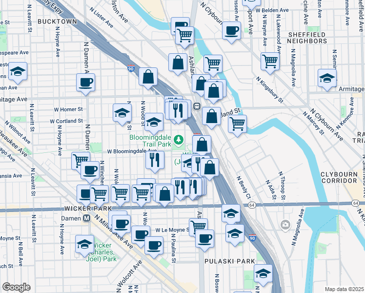 map of restaurants, bars, coffee shops, grocery stores, and more near 1638 West Bloomingdale Avenue in Chicago