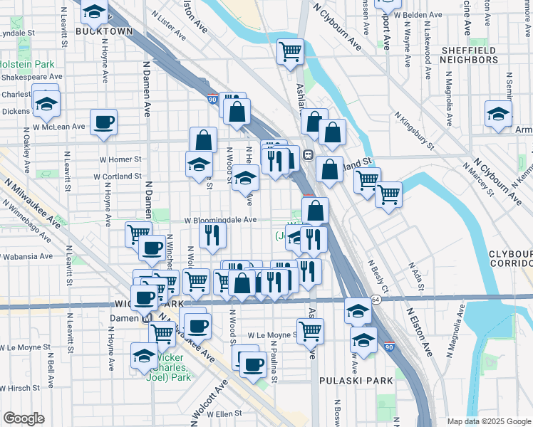 map of restaurants, bars, coffee shops, grocery stores, and more near 1806 North Paulina Street in Chicago