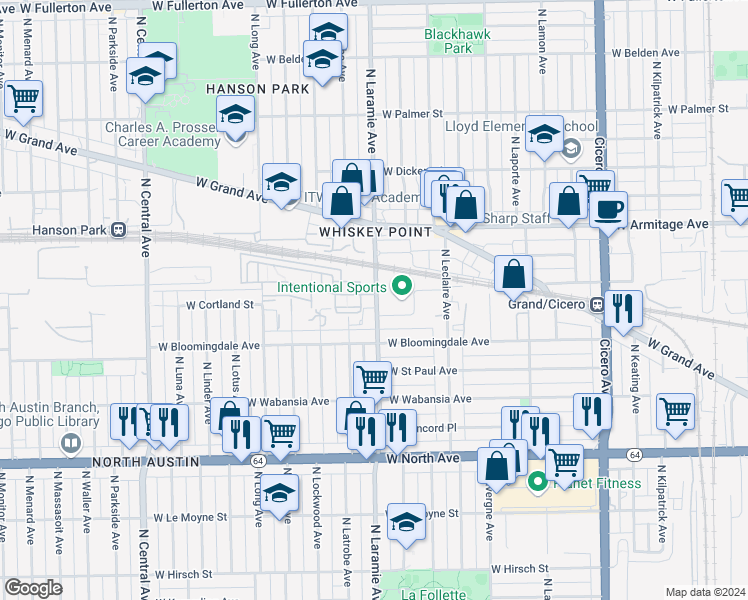 map of restaurants, bars, coffee shops, grocery stores, and more near 1856 North Laramie Avenue in Chicago
