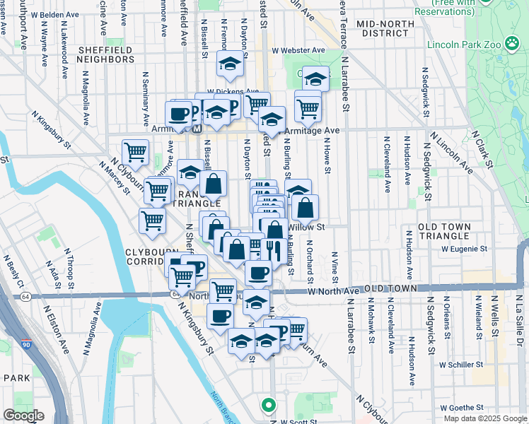 map of restaurants, bars, coffee shops, grocery stores, and more near 1818 North Halsted Street in Chicago