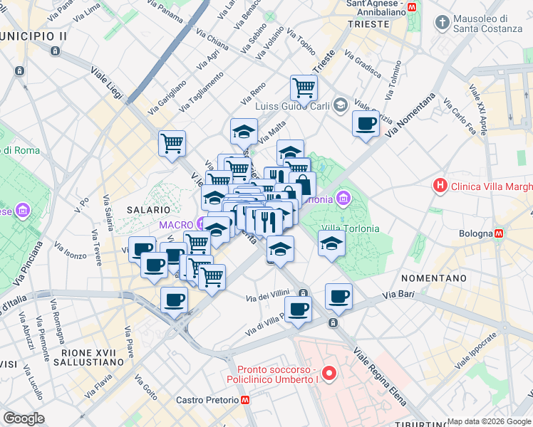 map of restaurants, bars, coffee shops, grocery stores, and more near 220 Via Alessandria in Roma