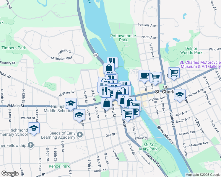 map of restaurants, bars, coffee shops, grocery stores, and more near 110 North 3rd Street in St. Charles