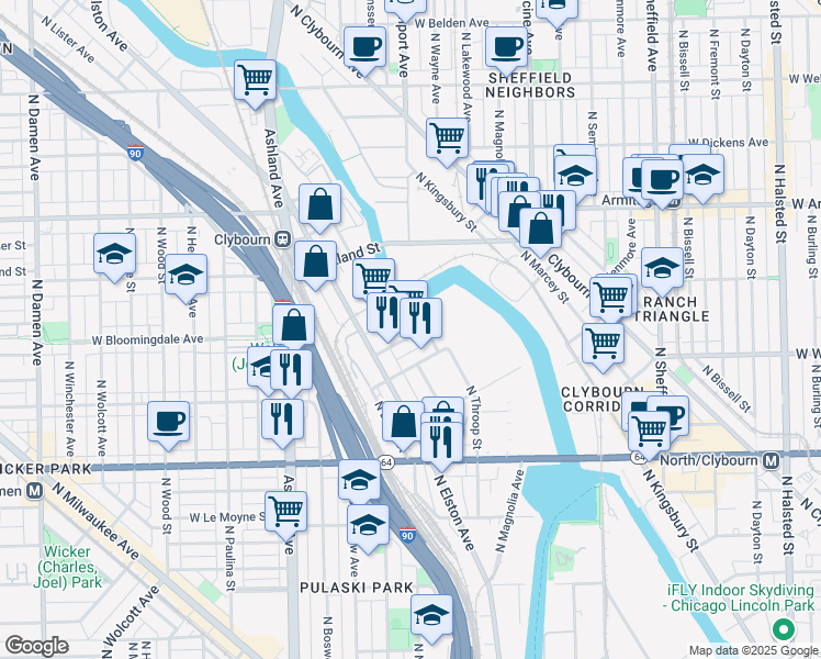 map of restaurants, bars, coffee shops, grocery stores, and more near 1430 West Willow Street in Chicago