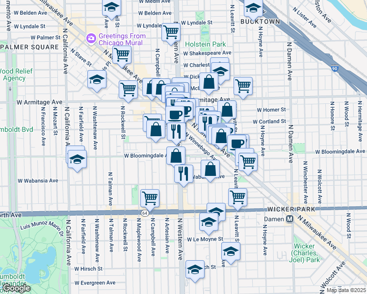 map of restaurants, bars, coffee shops, grocery stores, and more near 2357 West Moffat Street in Chicago
