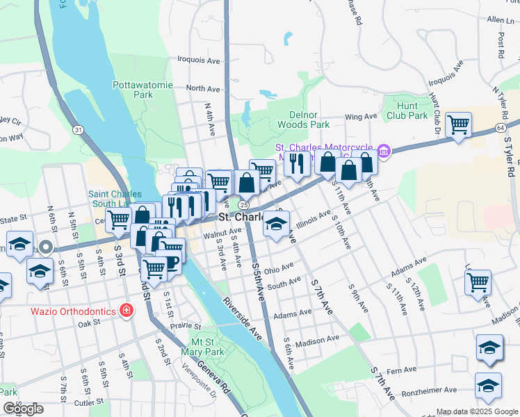 map of restaurants, bars, coffee shops, grocery stores, and more near 599 East Main Street in St. Charles