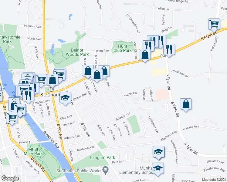map of restaurants, bars, coffee shops, grocery stores, and more near 307 South 13th Avenue in St. Charles