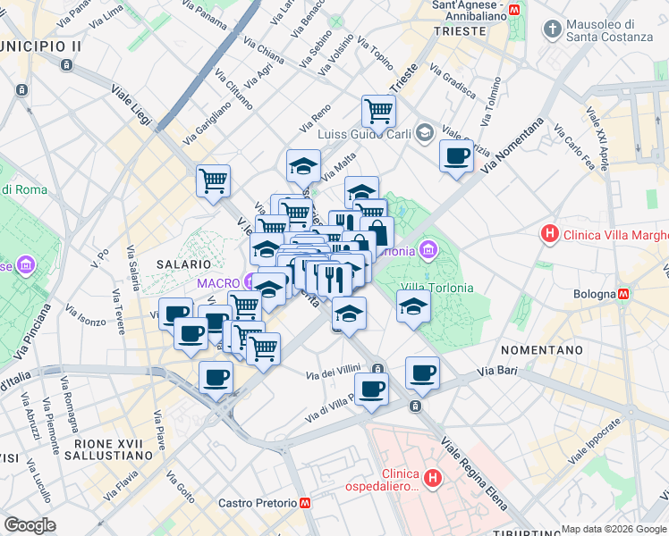 map of restaurants, bars, coffee shops, grocery stores, and more near 220 Via Alessandria in Roma