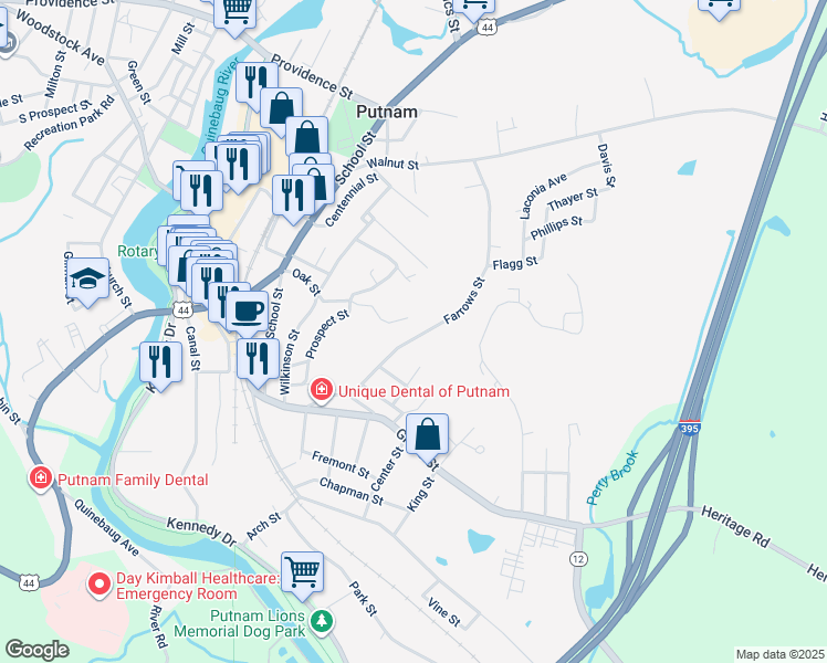map of restaurants, bars, coffee shops, grocery stores, and more near 58 Farrows Street in Putnam
