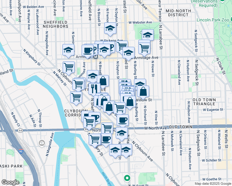 map of restaurants, bars, coffee shops, grocery stores, and more near 1821 North Dayton Street in Chicago