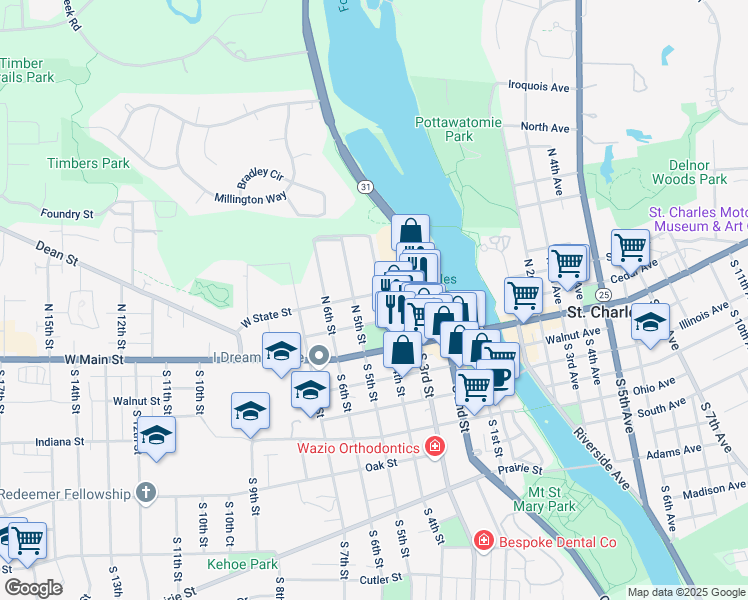 map of restaurants, bars, coffee shops, grocery stores, and more near 121 North 4th Street in St. Charles