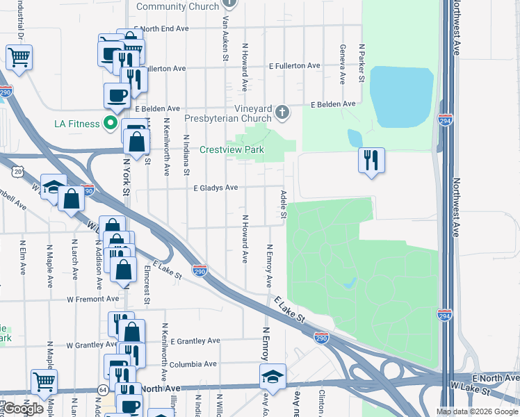 map of restaurants, bars, coffee shops, grocery stores, and more near 562 North Emroy Avenue in Elmhurst
