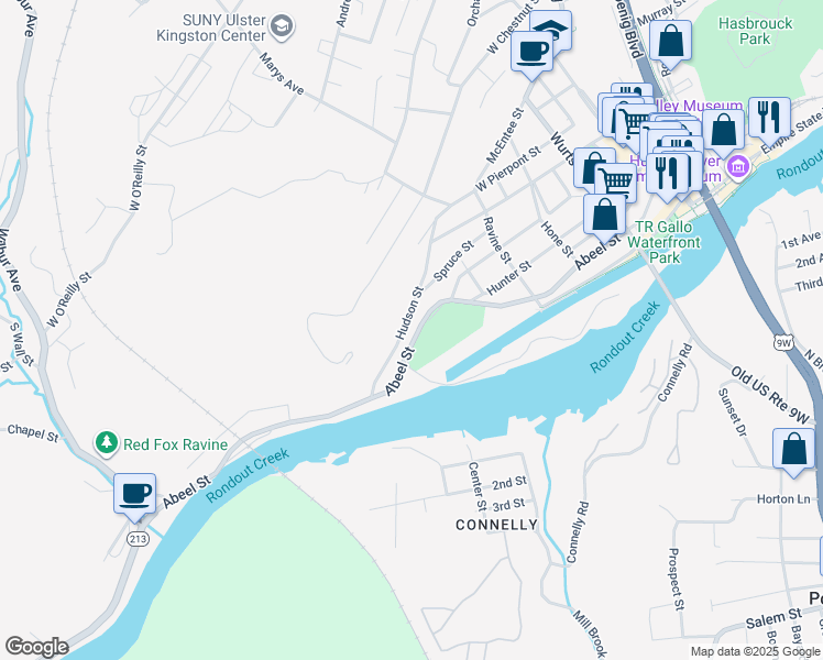 map of restaurants, bars, coffee shops, grocery stores, and more near 269 Abeel Street in Kingston