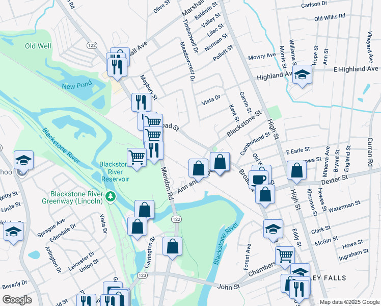 map of restaurants, bars, coffee shops, grocery stores, and more near 28 Main Street in Cumberland