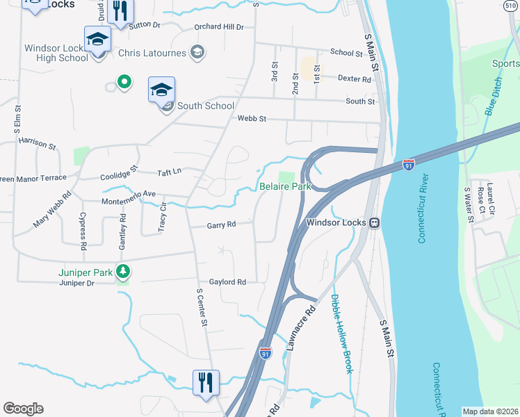 map of restaurants, bars, coffee shops, grocery stores, and more near 64 Bel-Aire Circle in Windsor Locks