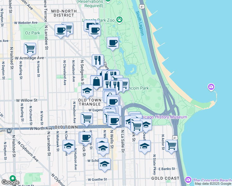 map of restaurants, bars, coffee shops, grocery stores, and more near 1749 North Wells Street in Chicago