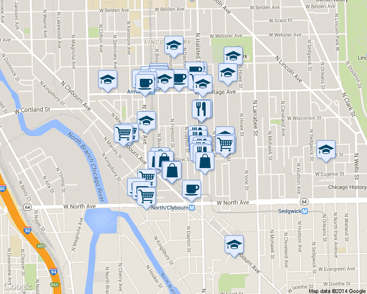 map of restaurants, bars, coffee shops, grocery stores, and more near 1821 North Dayton Street in Chicago