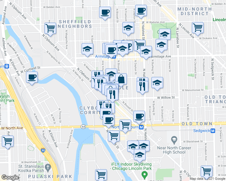map of restaurants, bars, coffee shops, grocery stores, and more near 1822 North Bissell Street in Chicago