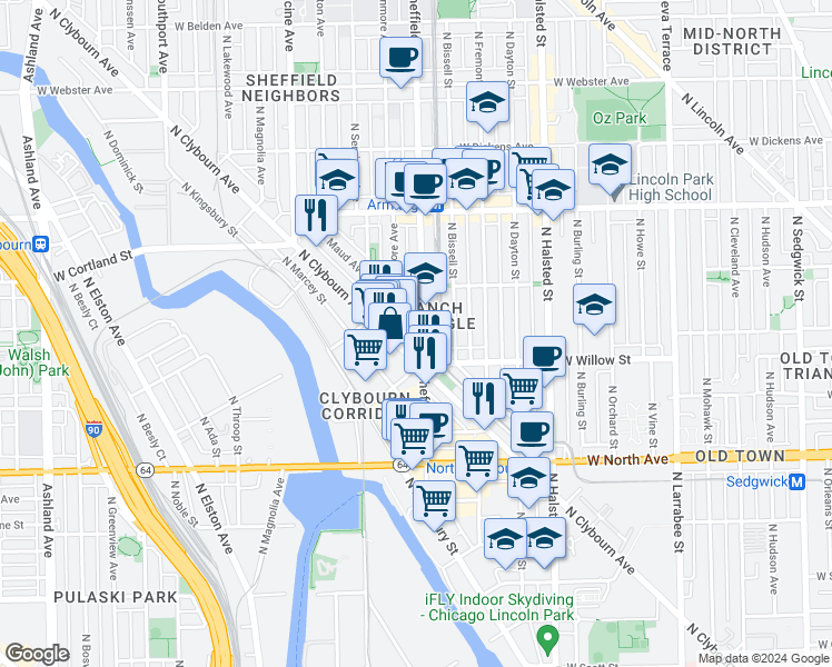 map of restaurants, bars, coffee shops, grocery stores, and more near 1827 North Clybourn Avenue in Chicago