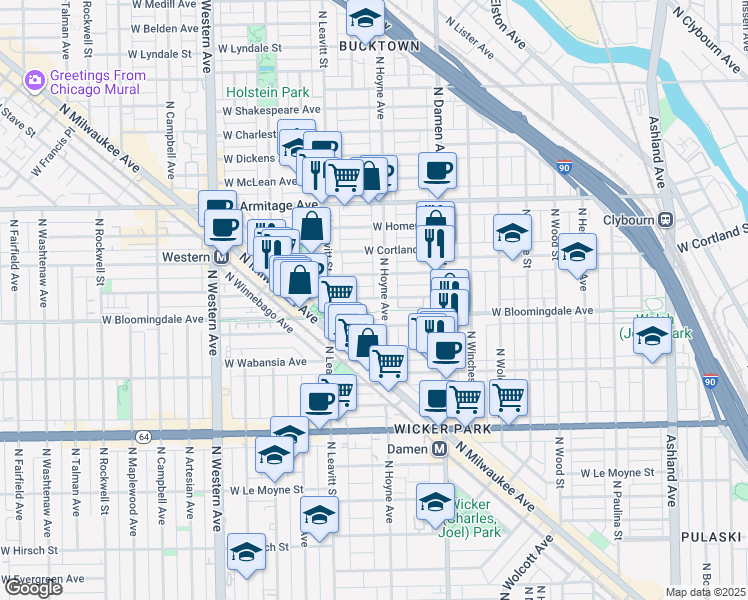 map of restaurants, bars, coffee shops, grocery stores, and more near 2129 West Churchill Street in Chicago