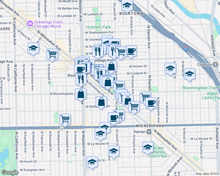 map of restaurants, bars, coffee shops, grocery stores, and more near 1820 North Milwaukee Avenue in Chicago